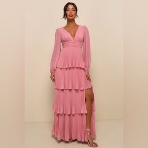 Lulus Graceful Finesse Dusty Rose Pleated Long Sleeve Maxi Dress
